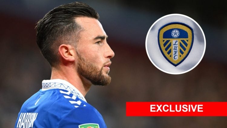 Everton winger Jack Harrison (left) and Leeds United badge inet (right) with exclusive banner bottom right