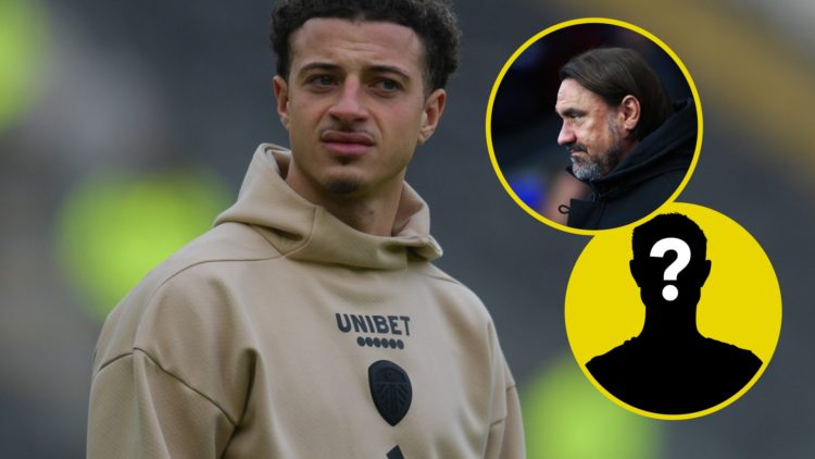 Image of Leeds United player Ethan Ampadu. Inset, Daniel Farke, manager of Leeds United. Inset, LUN Mystery Player.