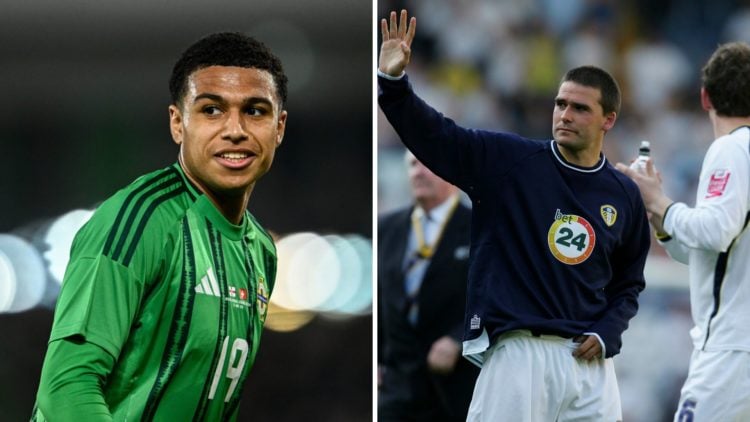 Shea Charles in action for Northern Ireland as David Healy waves to Leeds fans.