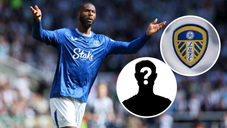 Everton striker Beto (left) with Leeds United crest (right) and mystery logo inset