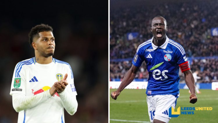 Georginio Rutter applauds Leeds fans as Habib Diarra scores for Strasbourg.