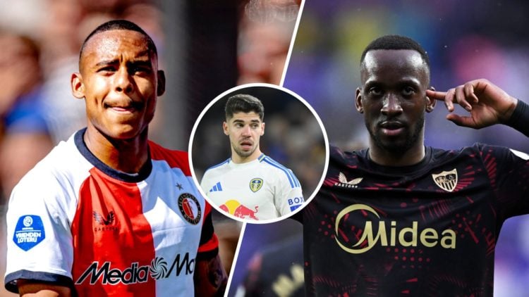 Feyenoord winger Igor Paixao (left) with Sevilla forward Dodi Lukebakio (right) in a split image with Leeds United loanee Manor Solomon (middle)