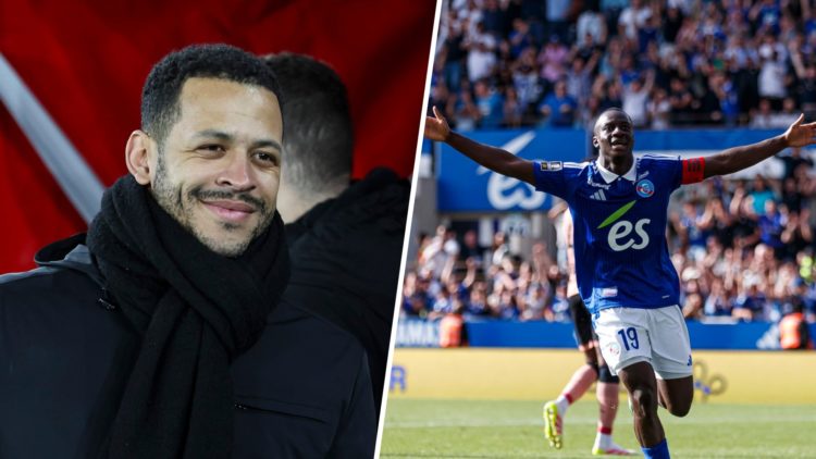 RC Strasbourg manager Liam Rosenior (left) looks on at midfielder Habib Diarra celebrating (right)
