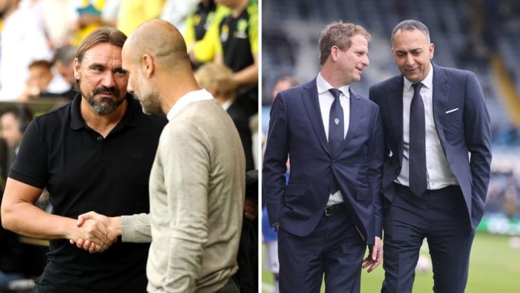 Split image of Daniel Farke as Norwich manager with Pep Gardiola and Paraag Marathe at Elland Road.