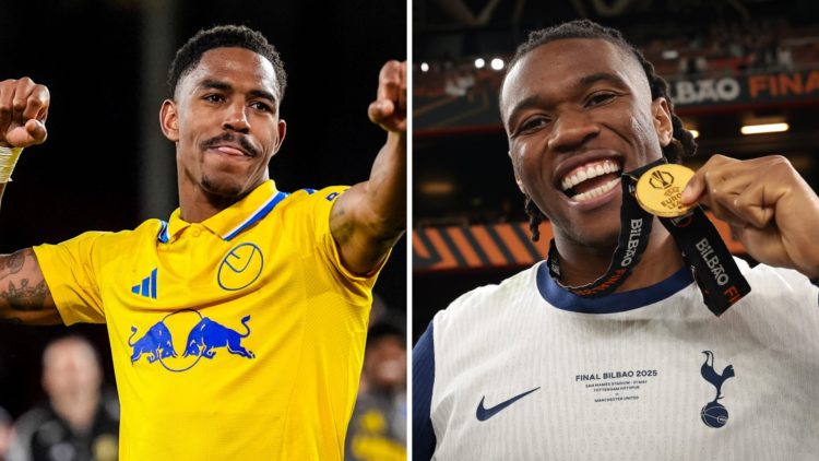 Junior Firpo celebrates a goal for Leeds United, while Destiny Udogie shows off his Europa League medal.