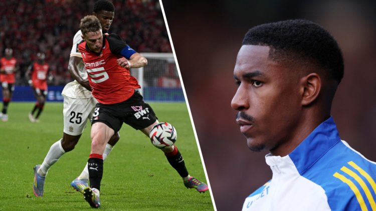 Adrien Truffert in action for Rennes as Junior Firpo looks on ahead of a Leeds match.