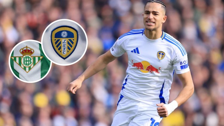 Real Betis and Leeds United crests inset (left) and Mateo Joseph (right)