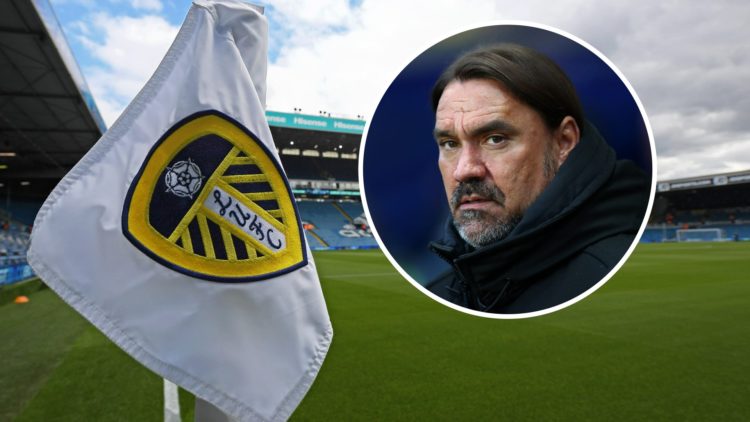 An image of Leeds United's Elland Road stadium from the corner flag. Inset a picture of Leeds United manager Daniel Farke looking angry.