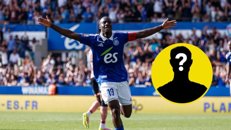 Midfielder Habib Diarra celebrating for Strasbourg in 2025. Inset, LUN Mystery Player Icon.