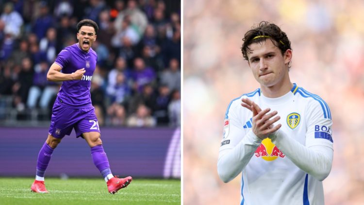 Mario Stroeykens in action for Anderlecht as Brenden Aaronson applauds the Leeds fans.