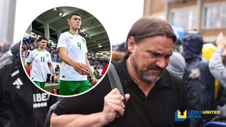 Leeds United manager Daniel Farke walks into Elland Road before a match. Inset a picture of Dara O'Shea on international for Ireland against Luxemb...