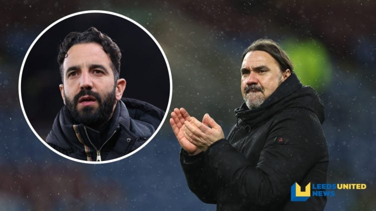 Leeds United manager Daniel Farke applauds the fans, inset a picture of Man United manager Ruben Amorim.