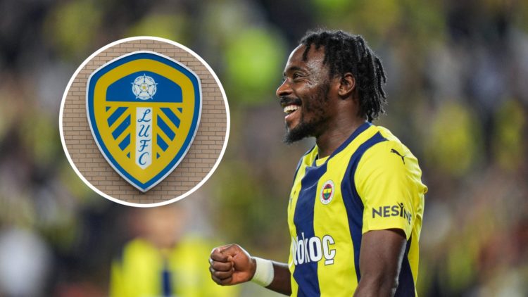 Fenerbahce's Bright Osayi-Samuel laughs during a match. Inset a picture of the official Leeds United badge as seen on the outside of Elland Road.