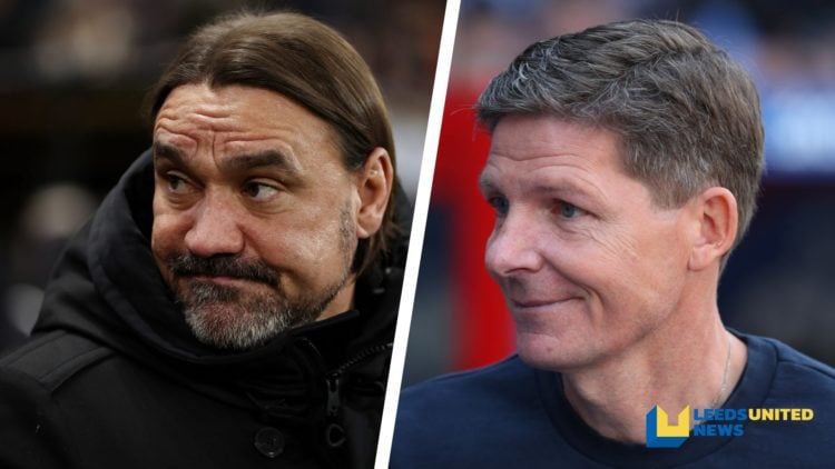 Split image of Leeds United manager Daniel Farke and Crystal Palace manager Oliver Glasner looking on during matches.
