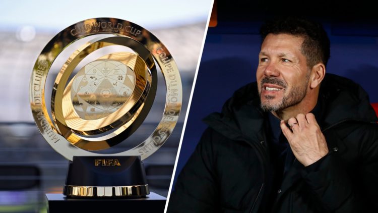 Club World Cup trophy and Diego Simeone during an Atletico Madrid match.