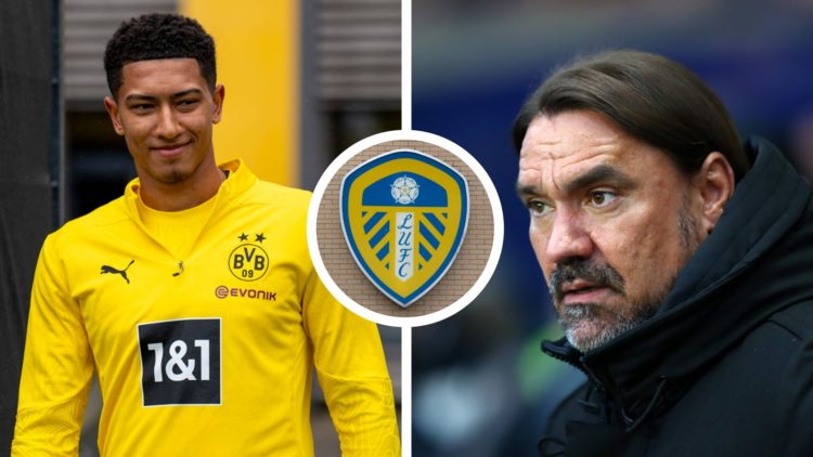 Split image of Jobe Bellingham during a training session with Borussia Dortmund, and Leeds United manager Daniel Farke on the touchline. Inset a pi...