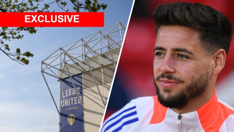 Split image of the outside of Elland Road and Aston Villa player Alex Moreno on loan at Nottingham Forest.