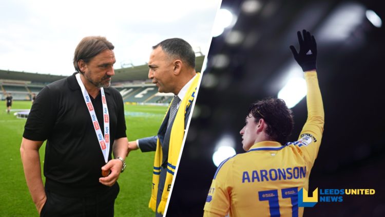 Daniel Farke speaks to Paraag Marathe as Brenden Aaronson prepares to take a set-piece.