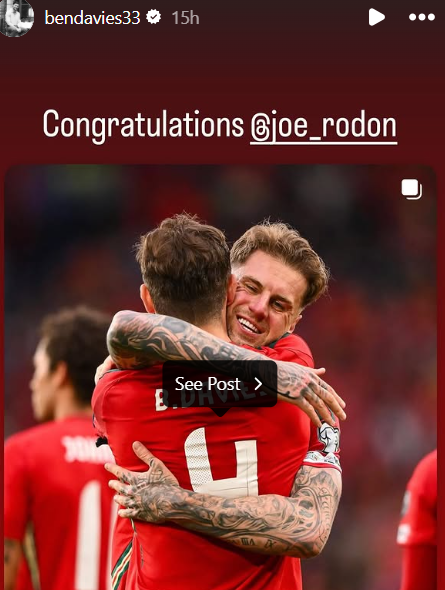 Screenshot of Ben Davies congratulating Joe Rodon after his first goal for Wales
