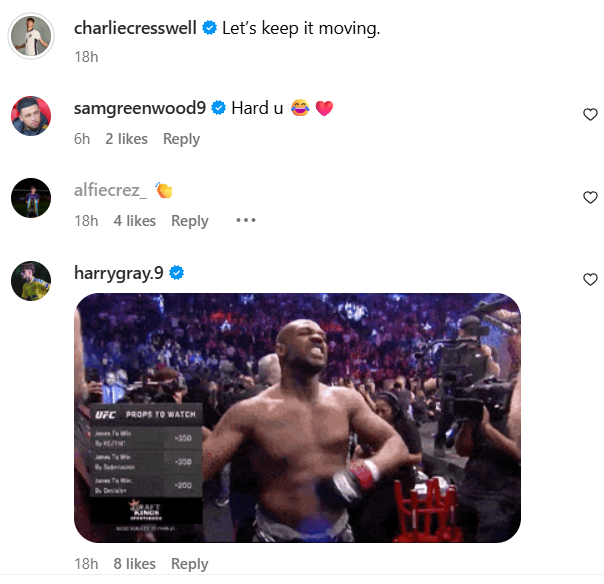 Screenshot of Harry Gray, Sam Greenwood and Alfie Cresswell commenting on Charlie Cresswell's Instagram post.