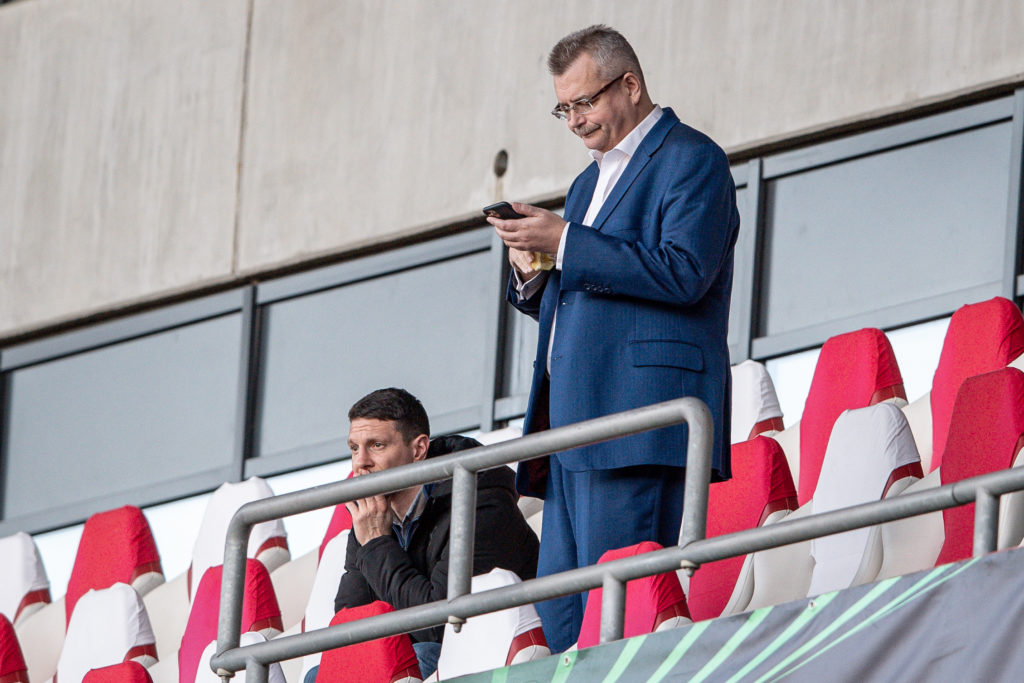 Slavia Prague chairman Jaroslav Tvrdik watches his side's training session.
