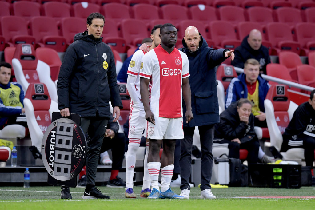Ajax striker Brian Brobbey with Erik ten Hag