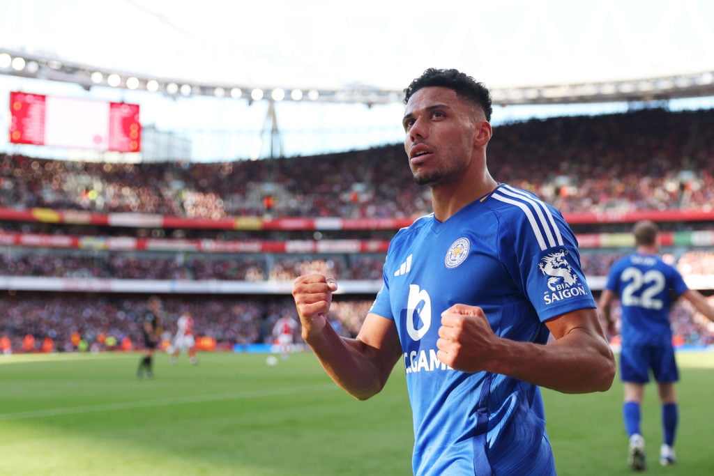 Leicester City full-back James Justin celebrates at The Emirates