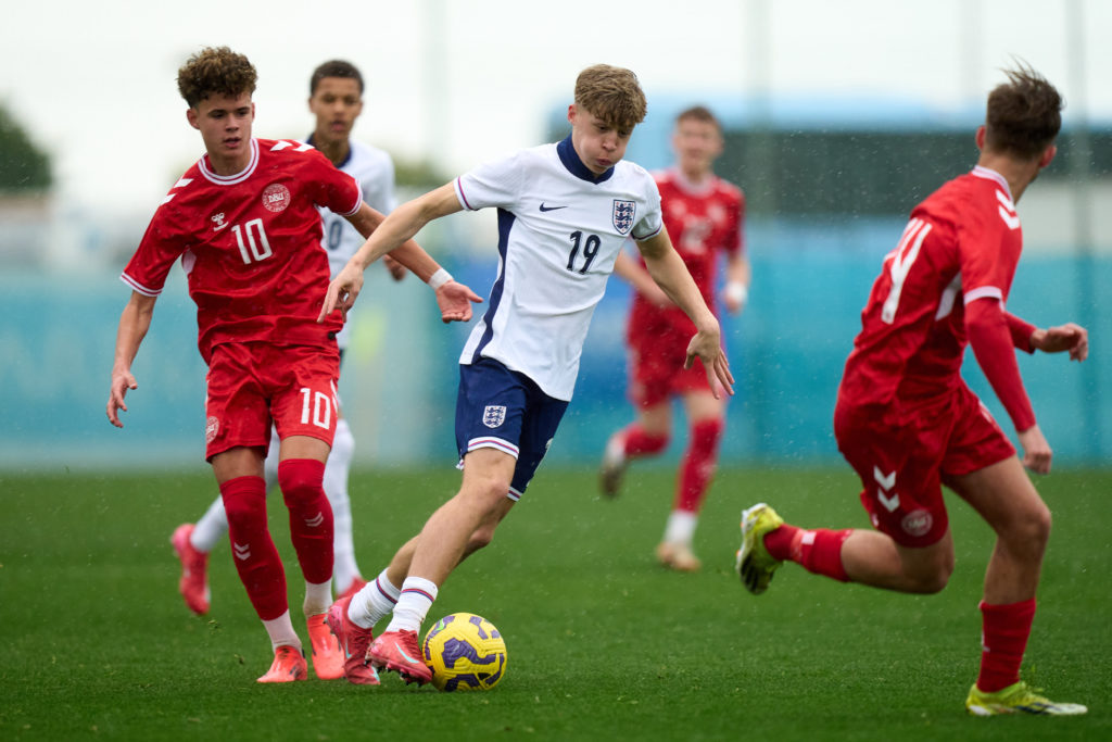 Oliver Boast in action for England's U16 side against Denmark.