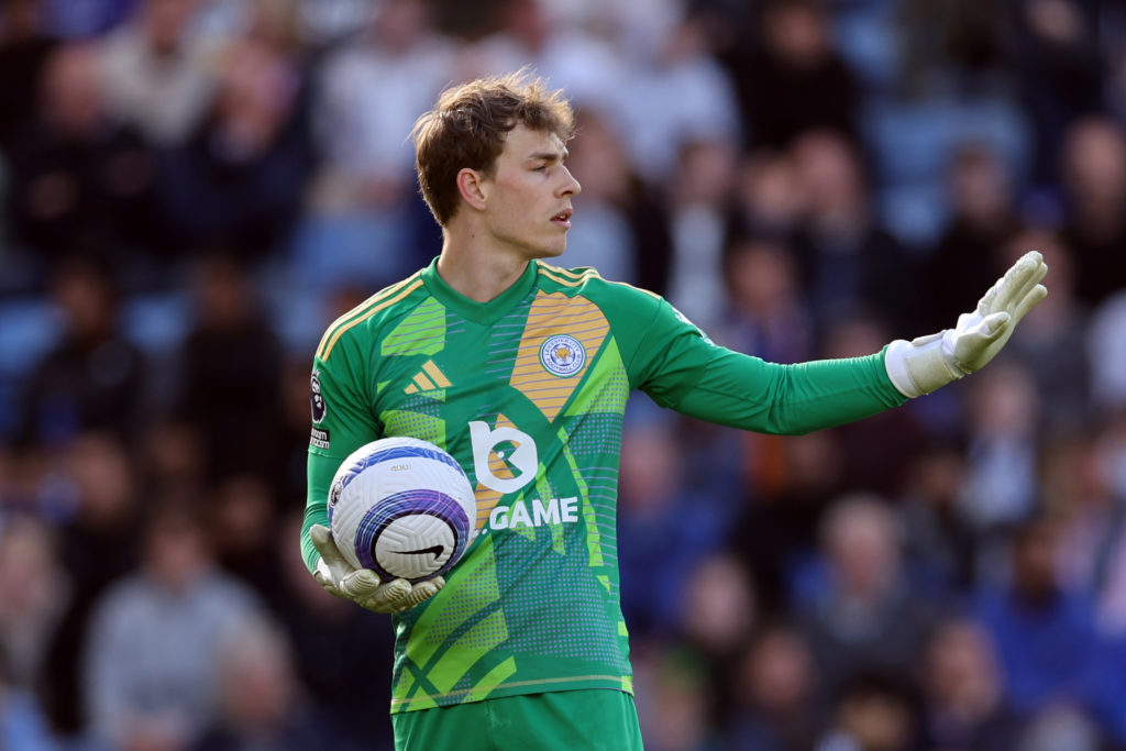 Leicester City goalkeeper Mads Hermansen during a Premier League game against Liverpool.