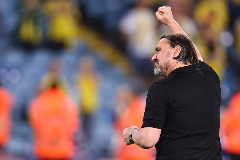Leeds United manager Daniel Farke celebrates winning promotion.