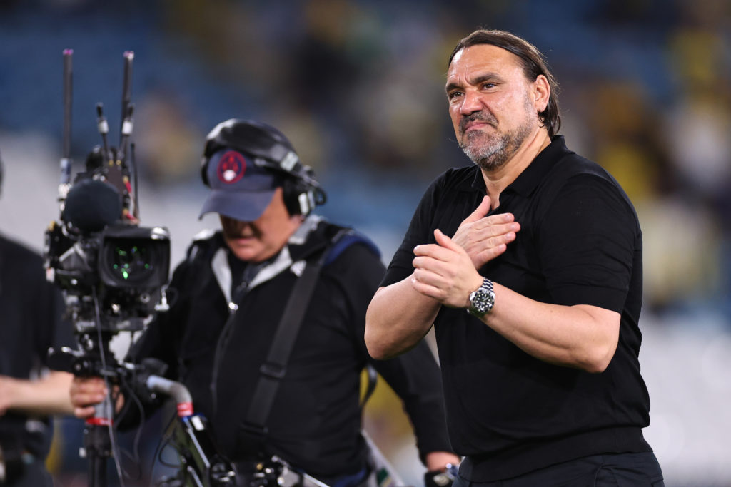 Daniel Farke celebrates with fans as Leeds United beat Bristol City.