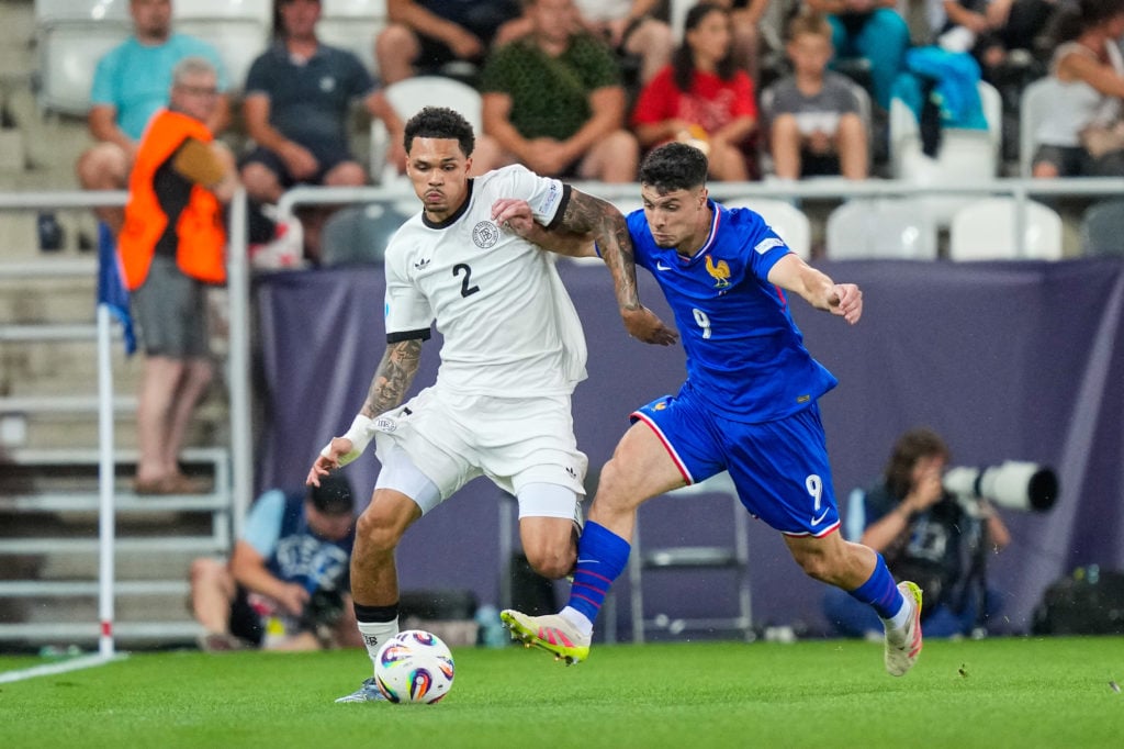 Matthis Abline in action for France's U21 side.