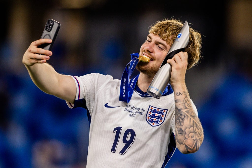 Harvey Elliott celebrates winning the Euro U21s with England.
