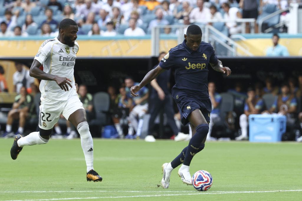 Juventus' Timothy Weah goes past Real Madrid's Antonio Rudiger at the FIFA Club World Cup.