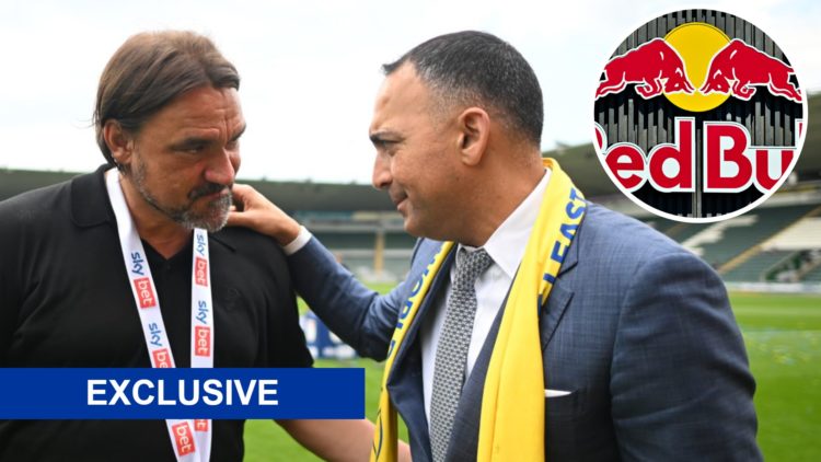 Leeds United manager Daniel Farke speaking to owner Paraag Marathe, Inset, RedBull logo.