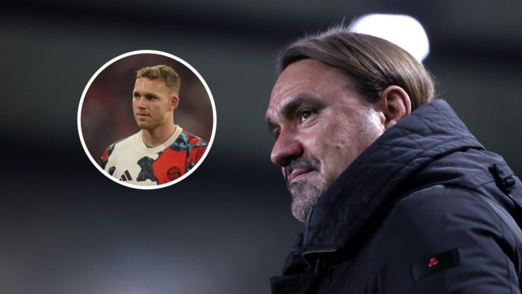 Bayern Munich's Daniel Peretz and Leeds manager Daniel Farke.