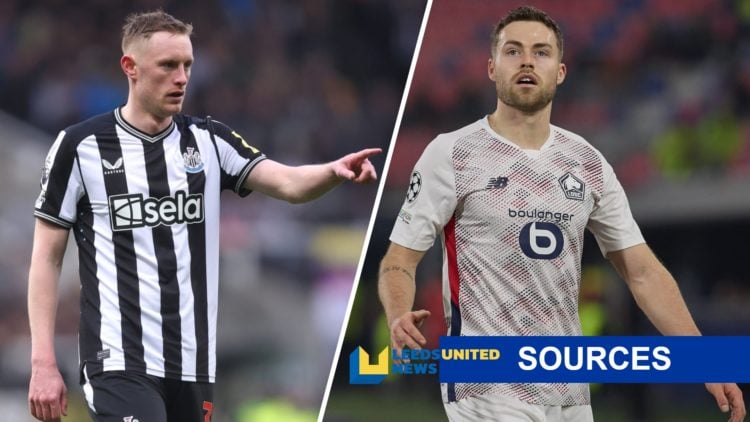 Sean Longstaff of Newcastle United (left) and Gabriel Gudmundsson of Lille (right) with LUN sources banner
