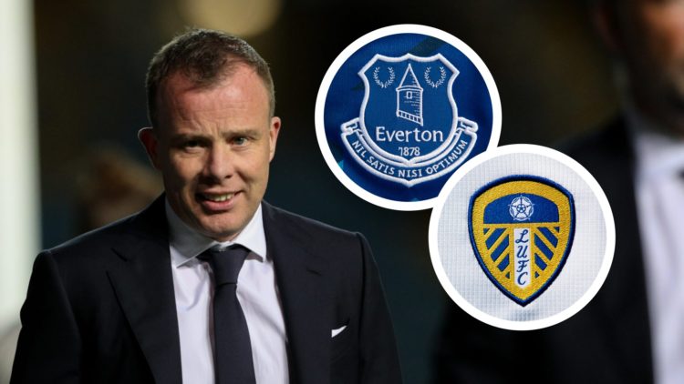 Leeds United chief executive Angus Kinnear before a Championship match. Inset, pictures of the official club badges of Everton and Leeds United.