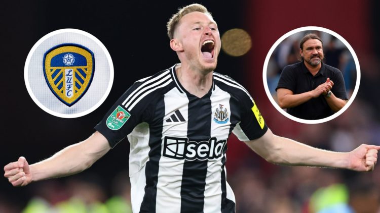 Newcastle United midfielder Sean Longstaff celebrates a goal. Inset, pictures of the official club badge of Leeds United, and Leeds United manager ...