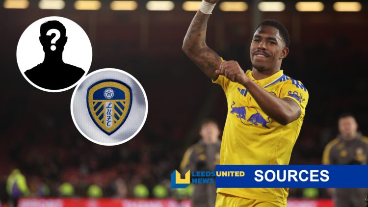 Leeds United crest (left) with mystery player inset, and left-back Junior Firpo (right) with LUN sources banner