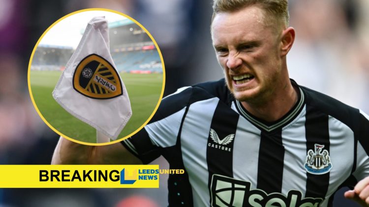 Close up image of Sean Longstaff celebrating a goal for Newcastle United. Insets: The Leeds United badge on a corner flag at Elland Road. A banner ...