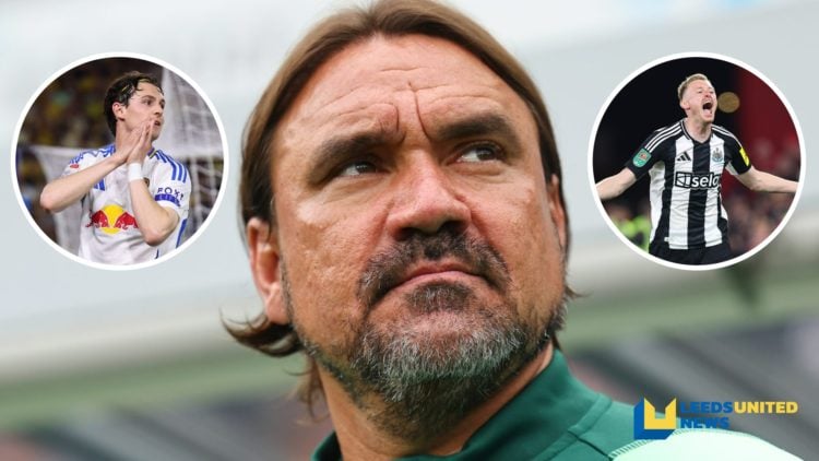Leeds United manager Daniel Farke looks on from the touchline. Inset, pictures of Newcastle United player Sean Longstaff, and Leeds United player B...