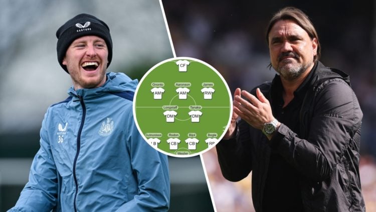 Split image: Sean Longstaff laughs in Newcastle United training (L). Daniel Farke applauds Leeds United fans (R). Inset: Leeds United team graphic.