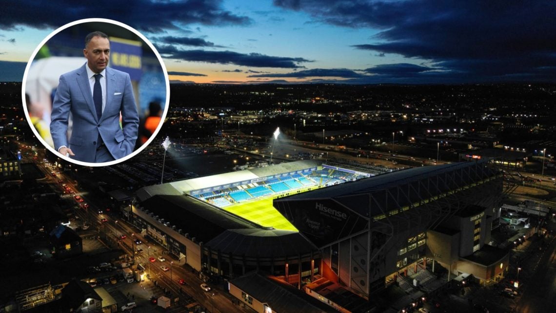 Paraag Marathe attends a Leeds game and an aerial view of Elland Road at night.