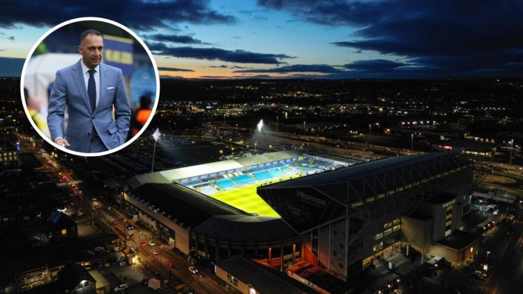 Paraag Marathe attends a Leeds game and an aerial view of Elland Road at night.