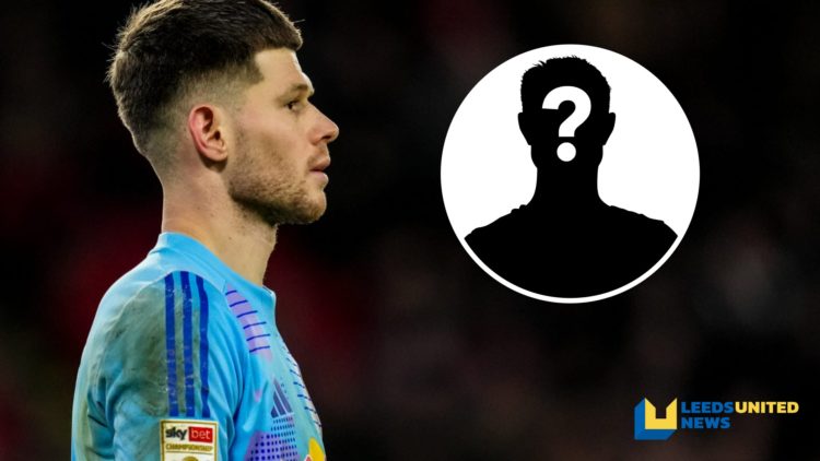 Leeds United goalkeeper Illan Meslier looks on during a Championship game. Inset a picture of a mystery player.