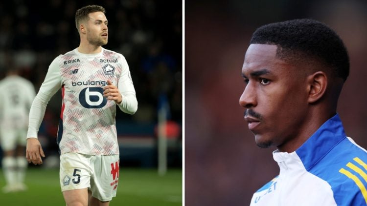 Gabriel Gudmundsson in action for Lille and Junior Firpo ahead of a Leeds match.