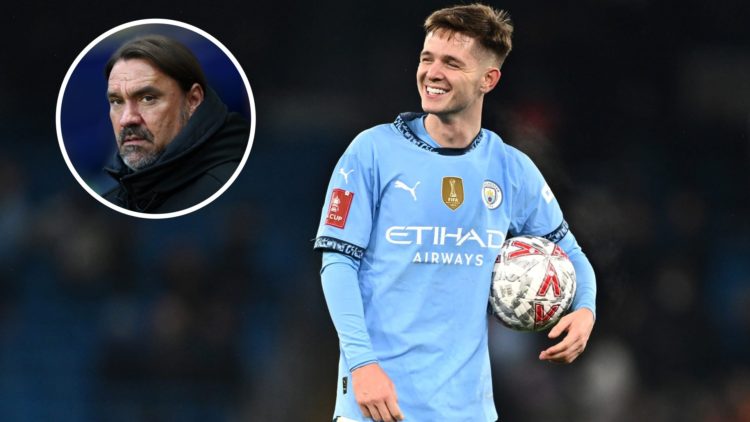 Man City midfielder James McAtee holding the match ball. Inset, Leeds United manager Daniel Farke.