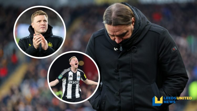 Leeds United manager Daniel Farke looks down on the touchline. Inset, pictures of Newcastle United manager Eddie Howe, and Newcastle United player ...