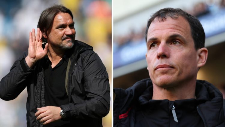 Split image of Leeds United manager Daniel Farke cupping his hands and Sunderland boss Regis Le Bris.